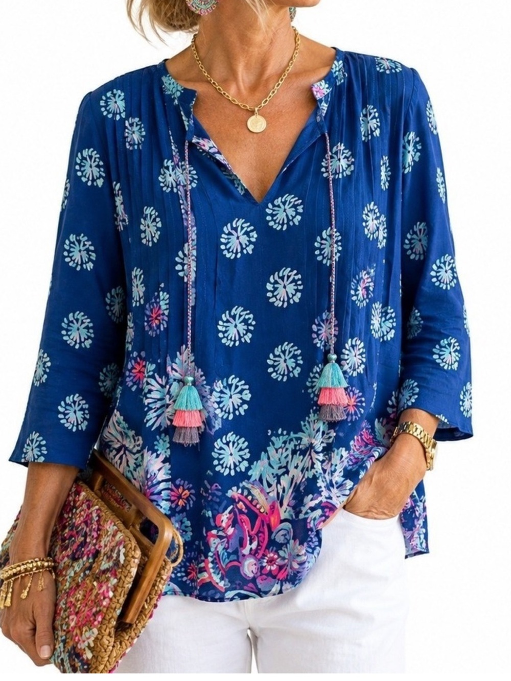 Lily Pulitzer blouse, flowy with tassel details. The colors are vibrant, pretty!